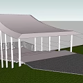 Modern Landscape Pavilion With White Roof On Green Grass Terraced Terrain Under Cloudy Sky