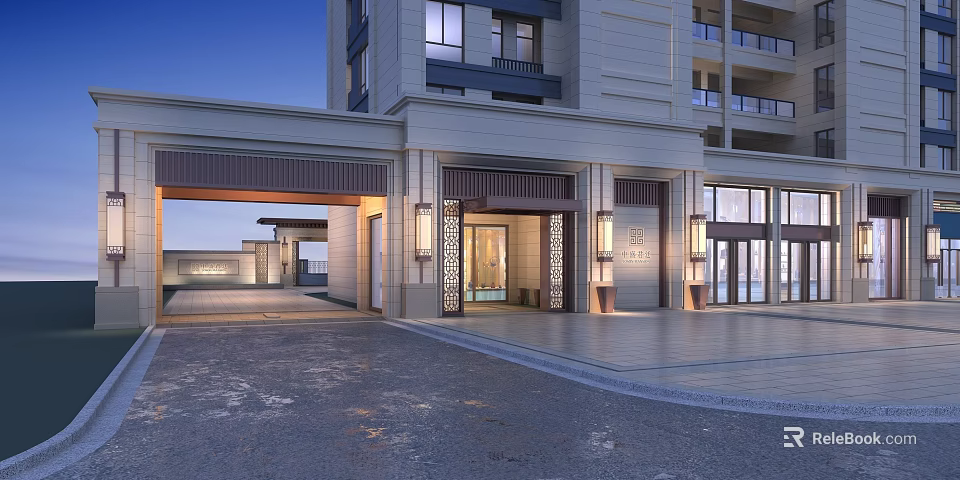 Elegant Modern Residential Building Entrance Gate With Stone Facade And Decorative Lighting 3d model 