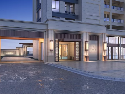 Elegant Modern Residential Building Entrance Gate With Stone Facade And Decorative Lighting 3d model