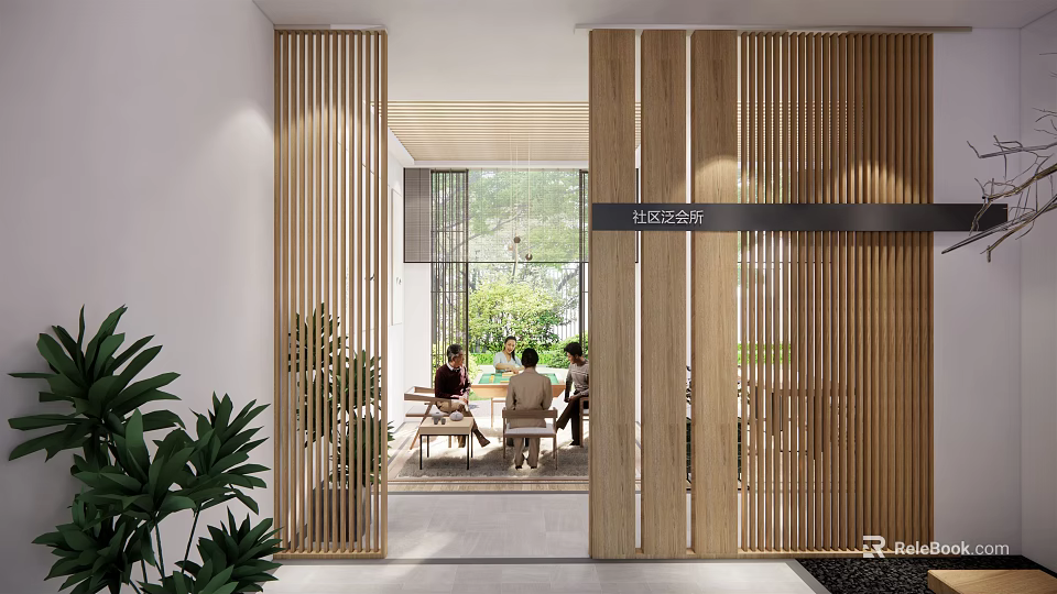 Modern Clubhouse With Wooden Slat Partitions Dining Area People Sitting And Greenery Outside 3d model 