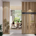 Modern Clubhouse With Wooden Slat Partitions Dining Area People Sitting And Greenery Outside