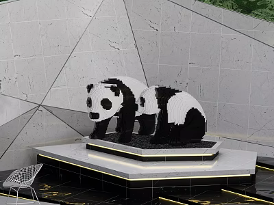Adorable Panda Sculpture Made Of Lego Bricks On Lit Pedestal With Geometric Wall Background 3d model
