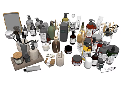 Stylish Bathroom Accessories With Soap Dispensers Toothbrush Holders Mirrors And Storage Jars 3d model