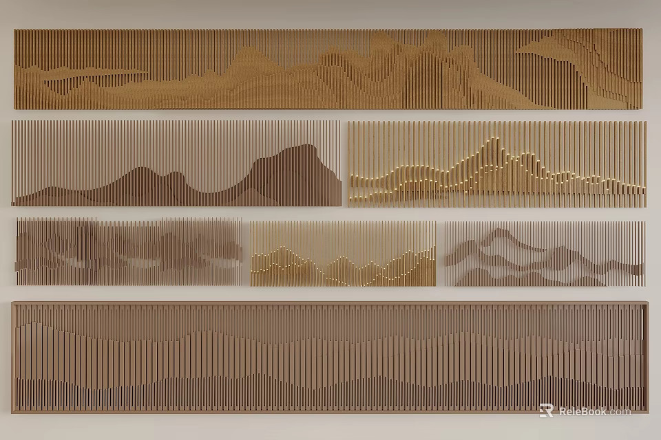 Decorative Wooden Panels With Mountain Pattern And Brown Gold Tones 3d model 