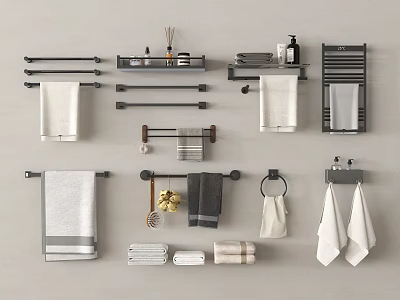 Complete Bathroom Accessories Set Featuring Towel Racks Towels Shelves And Hooks 3d model