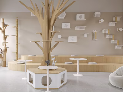 Modern Display Shelves With Tree Shaped Structure And Wall Mounted Units In Interior Space 3d model