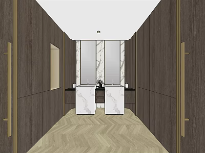 Modern Public Restroom Interior With Wooden Walls Marble Sinks And Herringbone Flooring 3d model