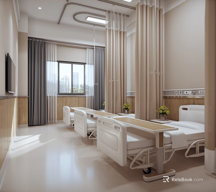 Modern Hospital Ward With Beds And Curtains 3d model 