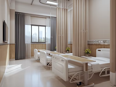 Modern Hospital Ward With Beds And Curtains 3d model
