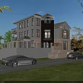Modern Detached Villa Exterior Design With Green Lawn Trees Driveway And Parked Cars