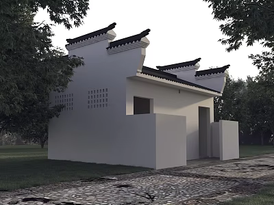 Traditional Chinese Architecture Featuring White Walls Black Curved Eaves Green Trees And Stone Path 3d model
