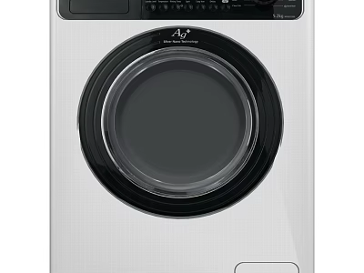 Silver Modern Washing Machine With Black Control Panel And Round Transparent Door 3d model