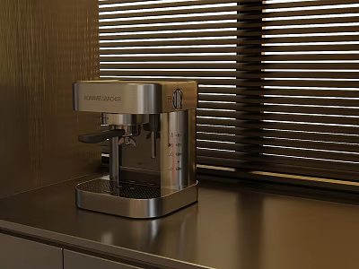 Silver Modern Coffee Maker Kitchen Appliance On Dark Countertop By Window With Blinds 3d model