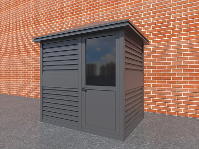 Gray Storage Shed With Louvre Windows And Glass Panel Door Against Red Brick Wall 3d model