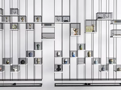 Modern Floating Shelving Unit Design With Open Shelves And Decorative Ornaments 3d model