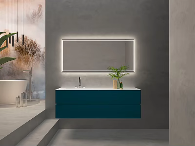 Modern Wall Mounted Deep Blue Bathroom Vanity Cabinet With LED Lighted Mirror And Sink 3d model