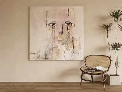 Abstract Painting with Blurred Face on Beige Wall Near Wicker Chair with Book and Plant 3d model
