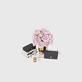 Decorative Accessories Set With Pink Peonies Gold Black Vase Perfume Bottles And Quilted Handbag
