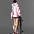 Woman in Pink Hoodie With Black Sleeves Holding Blue Skateboard And Denim Shorts