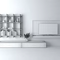 Modern White TV Stand with Wooden Bookshelf Wall TV and Books in Living Room