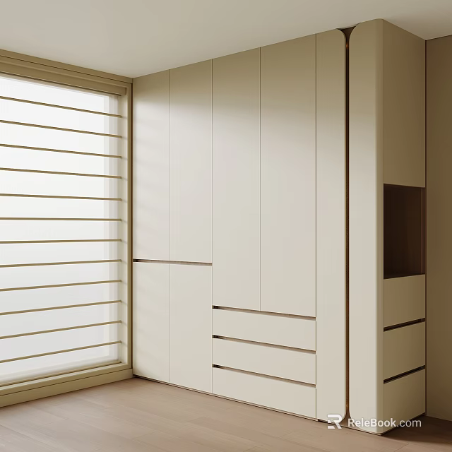 Modern Wardrobe Design With Multiple Doors And Drawers Beside Window With Horizontal Blinds 3d model 