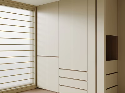 Modern Wardrobe Design With Multiple Doors And Drawers Beside Window With Horizontal Blinds 3d model