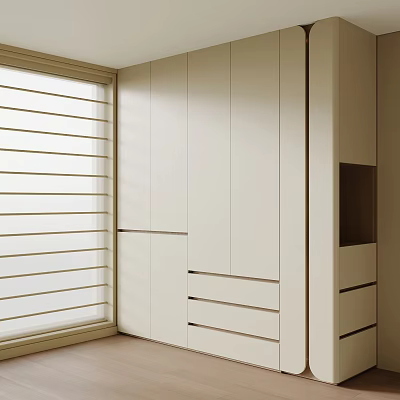 Modern Wardrobe Design With Multiple Doors And Drawers Beside Window With Horizontal Blinds 3d model