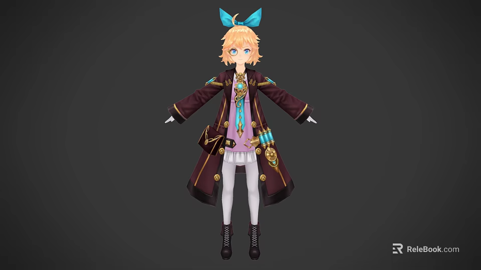 Game Movie Character With Blonde Hair Blue Bow Dark Coat White Stockings And Black Boots 3d model 