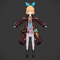 Game Movie Character With Blonde Hair Blue Bow Dark Coat White Stockings And Black Boots