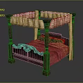 Carved Wooden Four Poster Bed With Red Bedspread And Beige Canopy Drapes