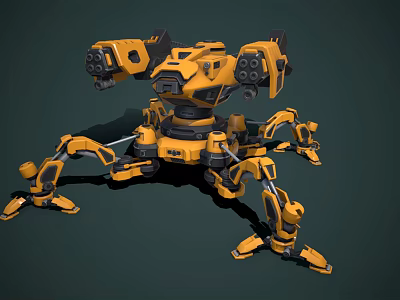 Yellow Mechanical Robot Character With Multi Legged Spider Like Creature Design 3d model