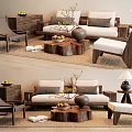 Modern Wooden Sofa and Coffee Table Set with Accent Chair Table Lamp and Decorative Rug