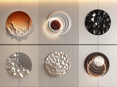 Circular Wall Hangings With Various Textures Multiple Colors And Light Rings On Wall 3d model