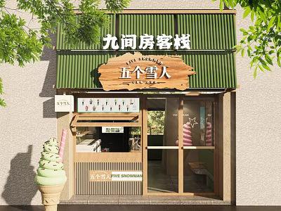 Five Snowmen Milk Tea Shop Exterior With Green Awning Wooden Sign And Drink 3d model