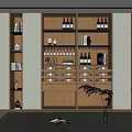 Elegant Modern Wine Cabinet Design With Wine Bottles Glasses Books And Decorative Lighting