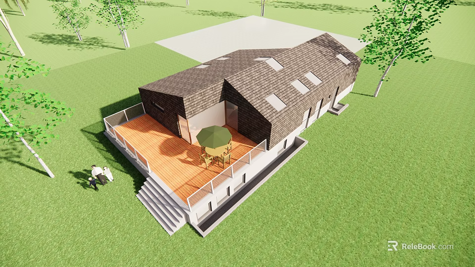 Detached Villa Exterior With Wooden Terrace Railing Green Lawn and Trees 3d model 
