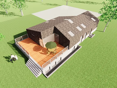 Detached Villa Exterior With Wooden Terrace Railing Green Lawn and Trees 3d model
