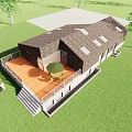 Detached Villa Exterior With Wooden Terrace Railing Green Lawn and Trees