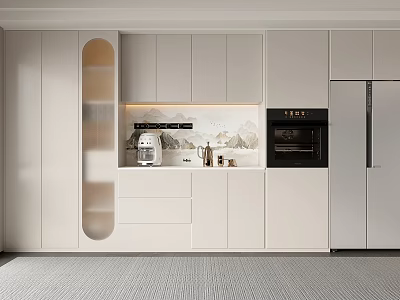 Modern Kitchen Interior With White Cabinets Coffee Machine Oven Refrigerator And Decorative Backsplash 3d model