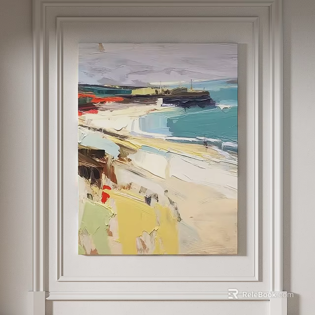 Vibrant Abstract Landscape Painting With Blue Ocean Yellow Sand And Red Hues For Wall Art 3d model 