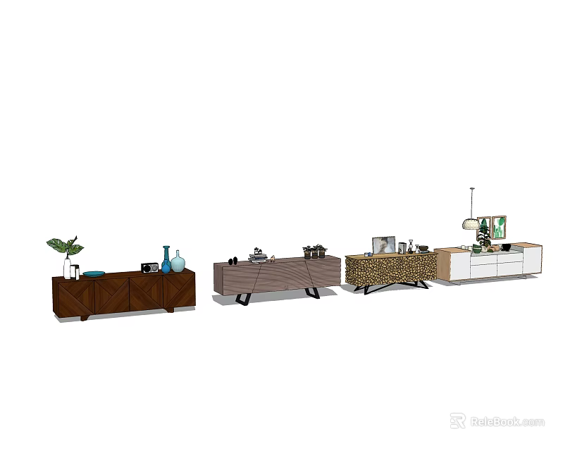 Stylish Modern TV Stand Collection With Wooden Frames Drawers And Decorative Plants 3d model 