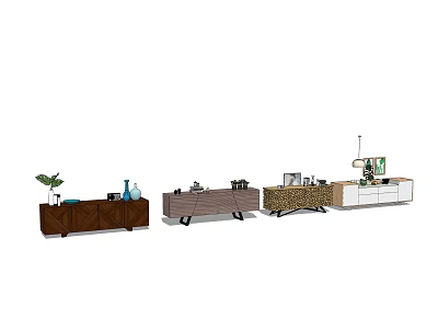 Stylish Modern TV Stand Collection With Wooden Frames Drawers And Decorative Plants 3d model