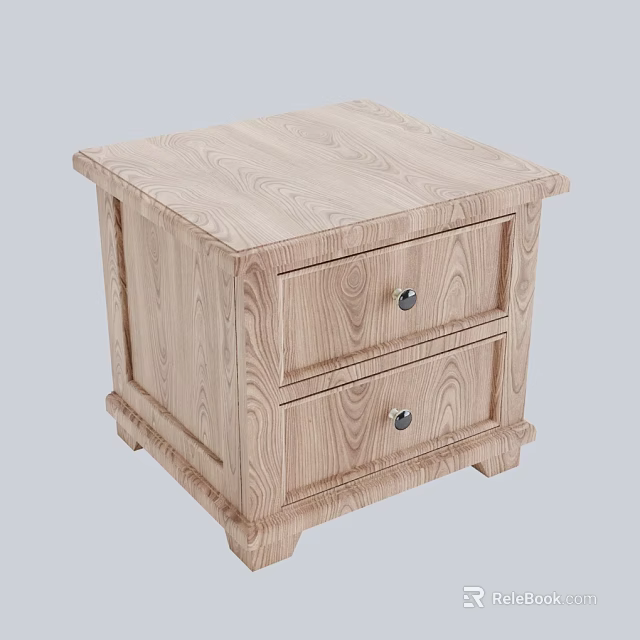 Wooden Bedside Table with Two Drawers Metal Knobs and Simple Design 3d model 
