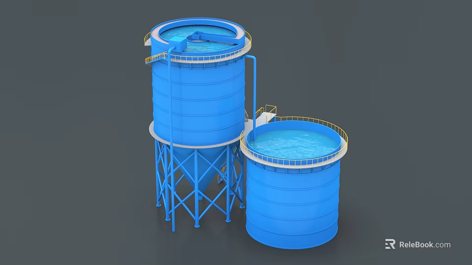 Industrial Blue Water Storage Tanks With Metal Support Structures And Top Railings 3d model