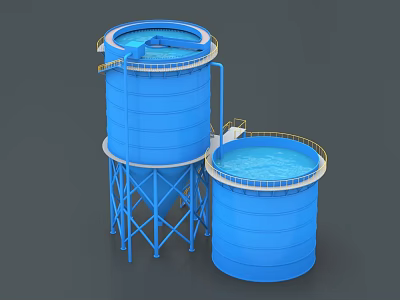 Industrial Blue Water Storage Tanks With Metal Support Structures And Top Railings 3d model