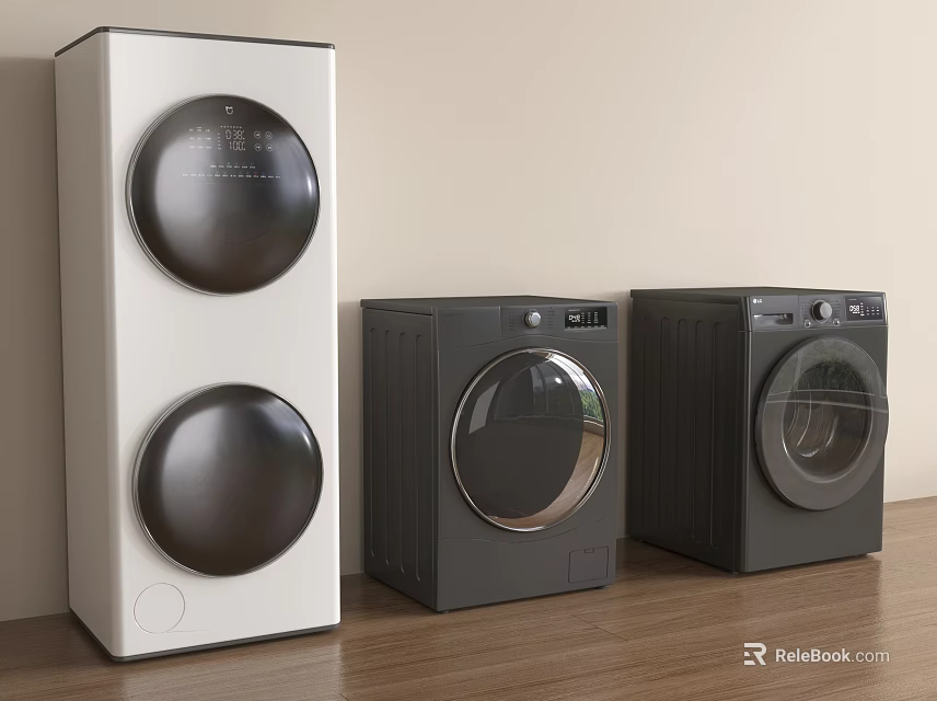 Modern Washing Machines With Double Single Drum Designs In White And Black 3d model 