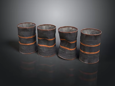 Four Black Metal Drums With Orange Stripes As Decorative Equipment 3d model