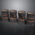 Four Black Metal Drums With Orange Stripes As Decorative Equipment