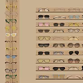 Various Styles of Multicolored Sunglasses Neatly Organized on Wooden Display Shelves