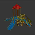 Playground Equipment With Red Roof Blue Slides Yellow Railings Tower Structure And Stairs